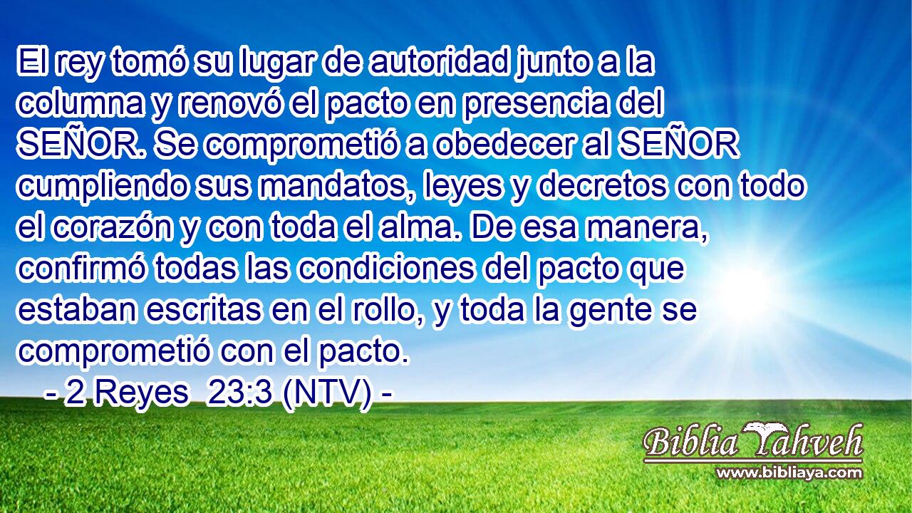 El rey tomó su lugar de autoridad junto a la columna y renovó el pacto en presencia del SEÑOR. Se comprometió a obedecer al SEÑOR cumpliendo sus mandatos, leyes y decretos con todo el corazón y con toda el alma. De esa manera, confirmó todas las condiciones del pacto que estaban escritas en el rollo, y toda la gente se comprometió con el pacto.