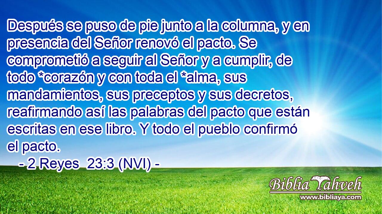  Después se puso de pie junto a la columna, y en presencia del Señor renovó el pacto. Se comprometió a seguir al Señor y a cumplir, de todo *corazón y con toda el *alma, sus mandamientos, sus preceptos y sus decretos, reafirmando así las palabras del pacto que están escritas en ese libro. Y todo el pueblo confirmó el pacto. 