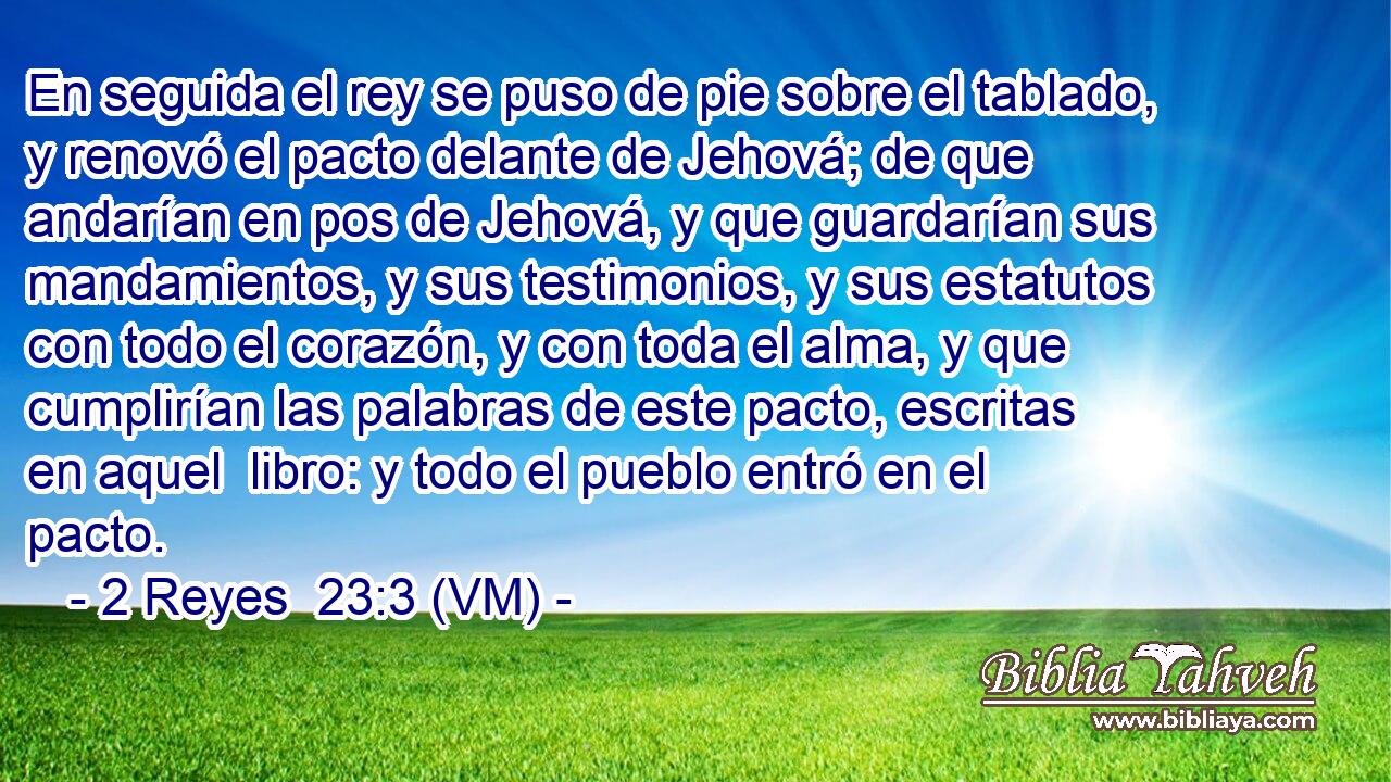  En seguida el rey se puso de pie sobre el tablado, y renovó el pacto delante de Jehová; de que andarían en pos de Jehová, y que guardarían sus mandamientos, y sus testimonios, y sus estatutos con todo el corazón, y con toda el alma, y que cumplirían las palabras de este pacto, escritas en aquel  libro: y todo el pueblo entró en el pacto. 