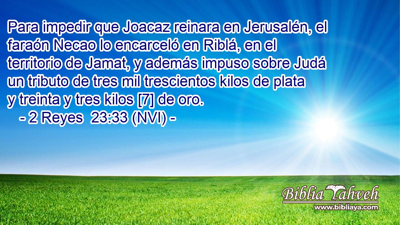  Para impedir que Joacaz reinara en Jerusalén, el faraón Necao lo encarceló en Riblá, en el territorio de Jamat, y además impuso sobre Judá un tributo de tres mil trescientos kilos de plata y treinta y tres kilos [7] de oro. 