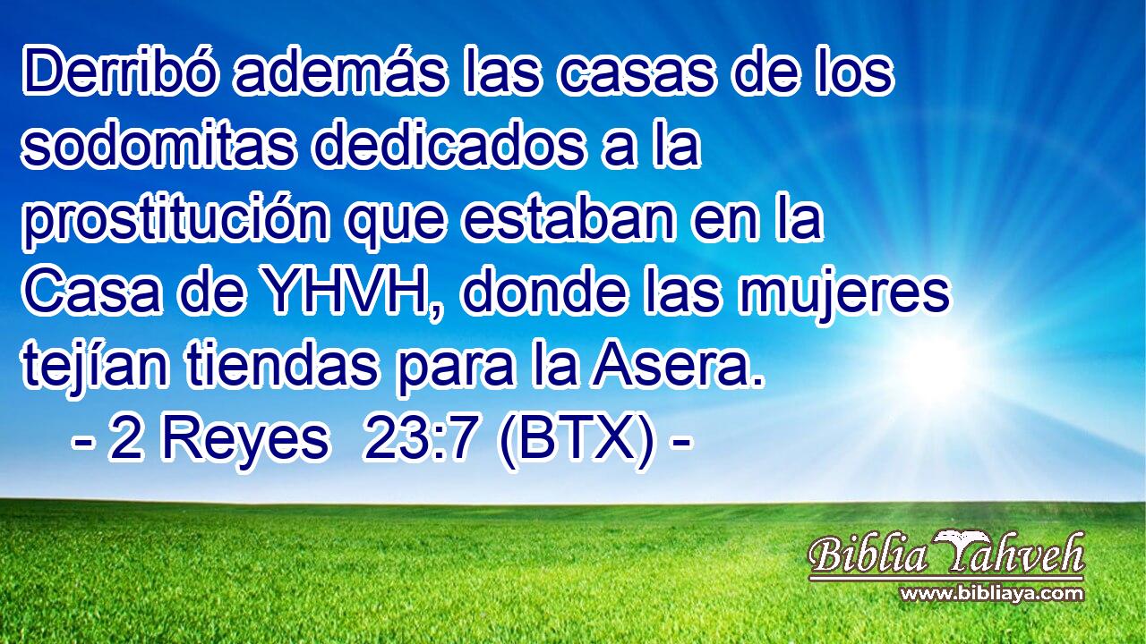 Derribó además las casas de los sodomitas dedicados a la prostitución que estaban en la Casa de YHVH, donde las mujeres tejían tiendas para la Asera.