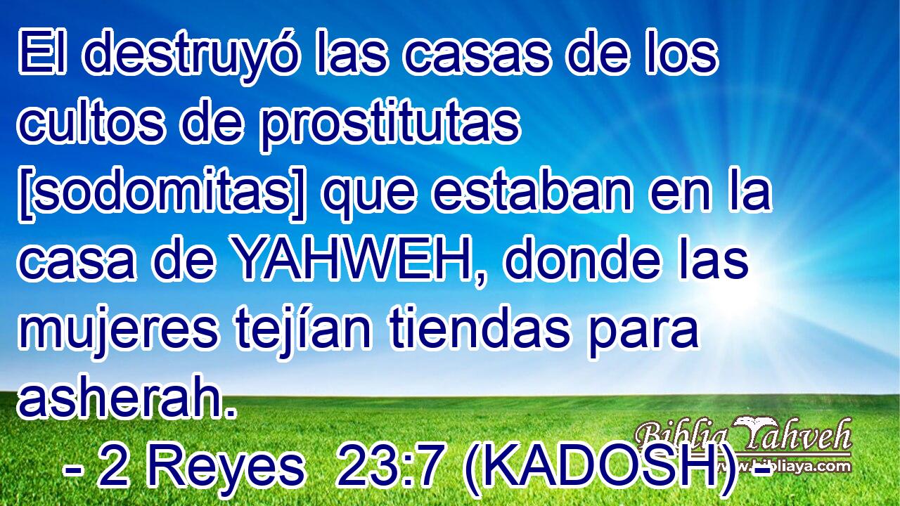  El destruyó las casas de los cultos de prostitutas [sodomitas] que estaban en la casa de YAHWEH, donde las mujeres tejían tiendas para asherah. 