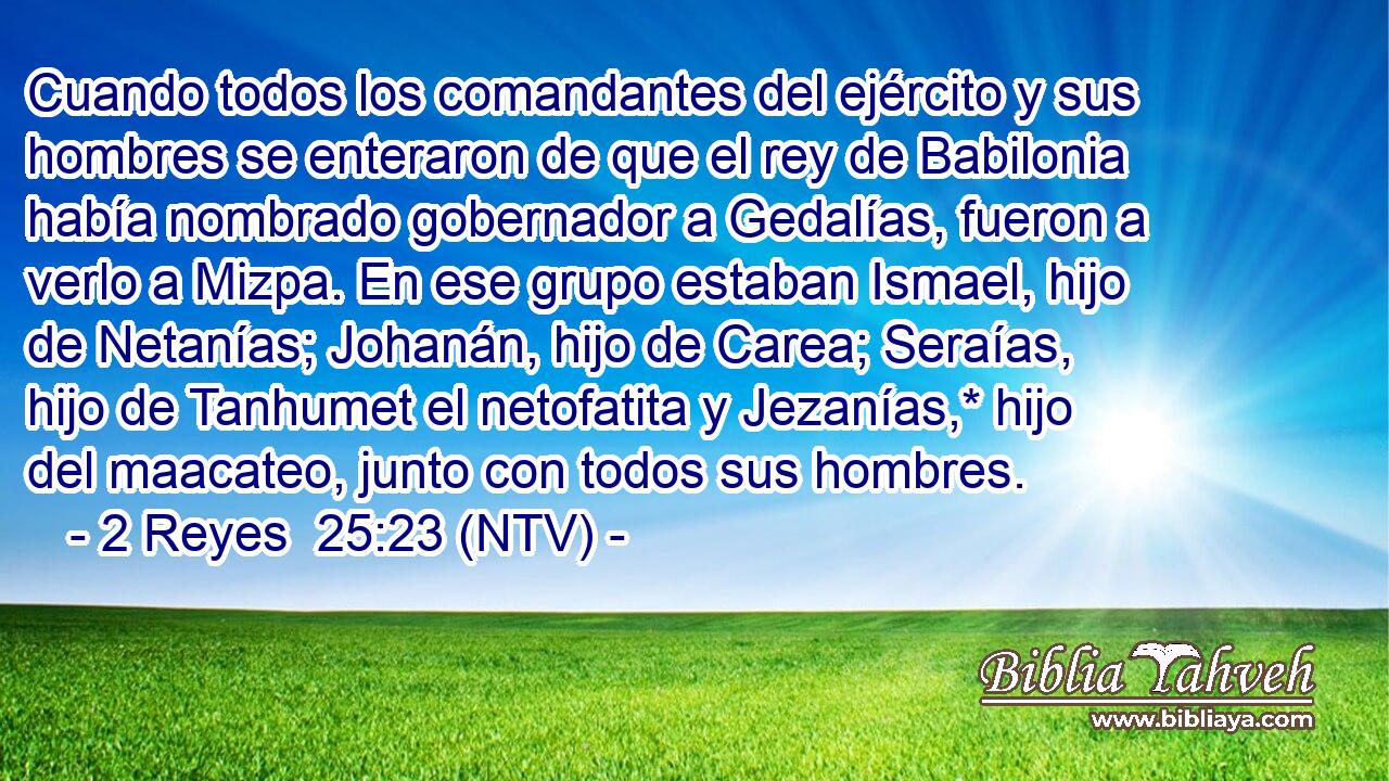 Cuando todos los comandantes del ejército y sus hombres se enteraron de que el rey de Babilonia había nombrado gobernador a Gedalías, fueron a verlo a Mizpa. En ese grupo estaban Ismael, hijo de Netanías; Johanán, hijo de Carea; Seraías, hijo de Tanhumet el netofatita y Jezanías,* hijo del maacateo, junto con todos sus hombres.