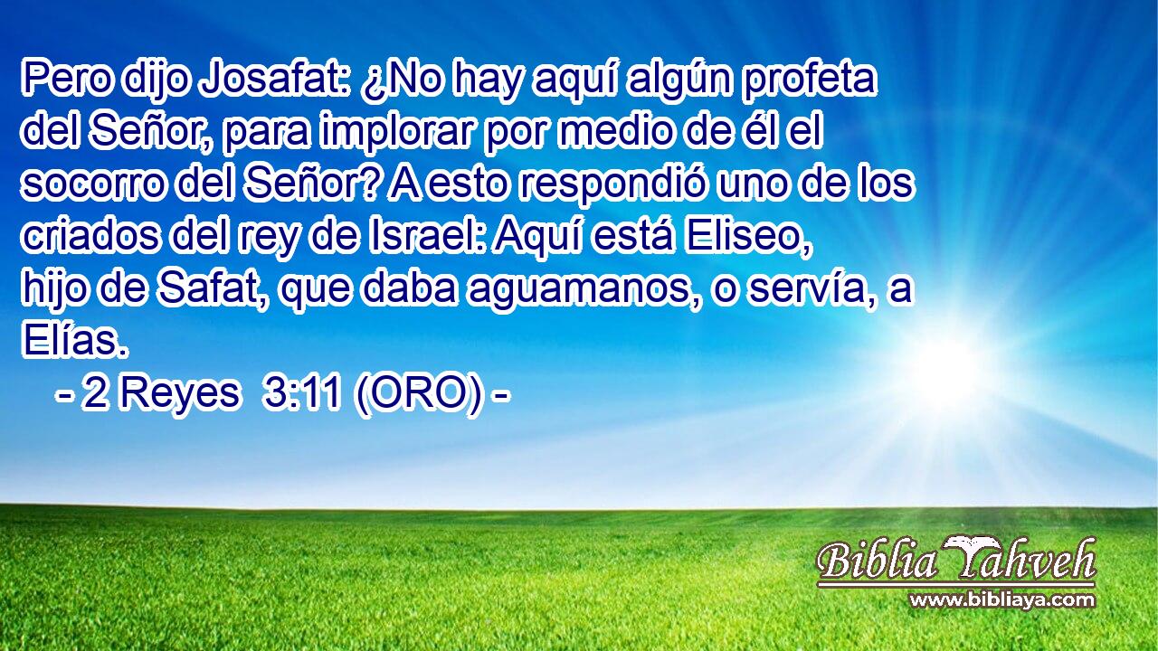  Pero dijo Josafat: ¿No hay aquí algún profeta del Señor, para implorar por medio de él el socorro del Señor? A esto respondió uno de los criados del rey de Israel: Aquí está Eliseo, hijo de Safat, que daba aguamanos, o servía, a Elías. 