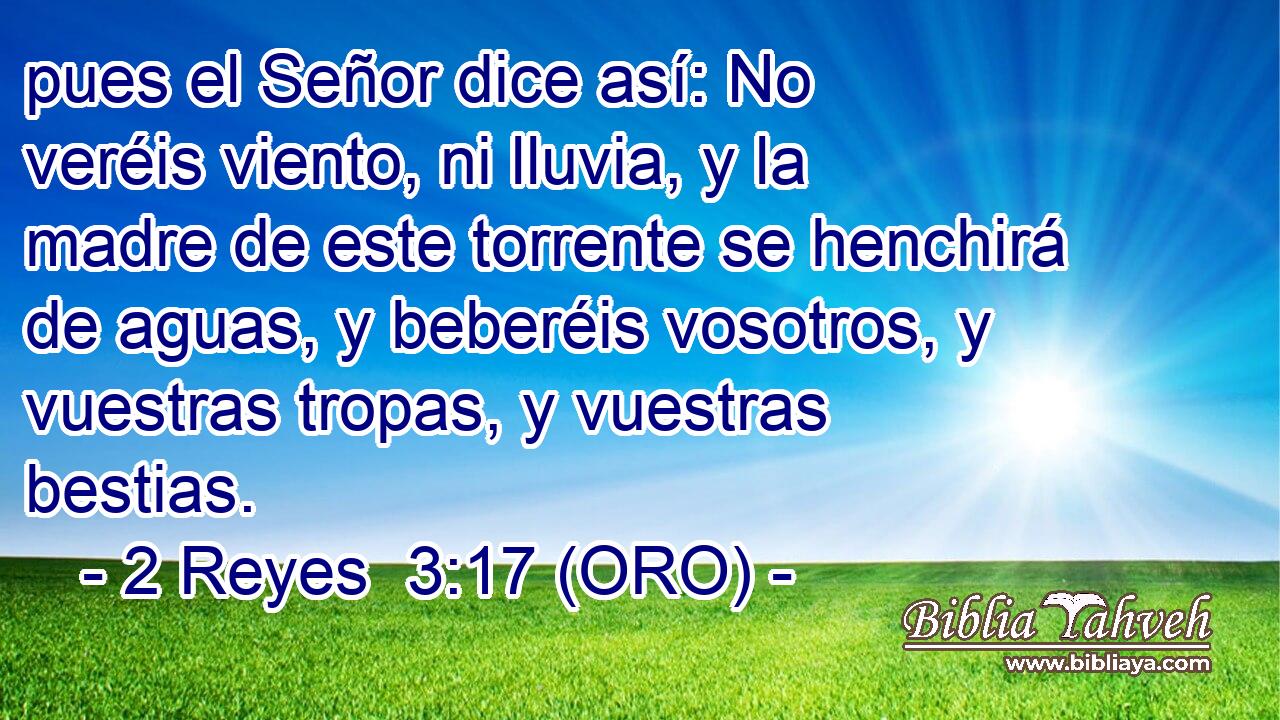  pues el Señor dice así: No veréis viento, ni lluvia, y la madre de este torrente se henchirá de aguas, y beberéis vosotros, y vuestras tropas, y vuestras bestias. 