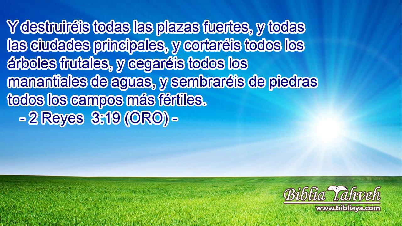 Y destruiréis todas las plazas fuertes, y todas las ciudades principales, y cortaréis todos los árboles frutales, y cegaréis todos los manantiales de aguas, y sembraréis de piedras todos los campos más fértiles. 