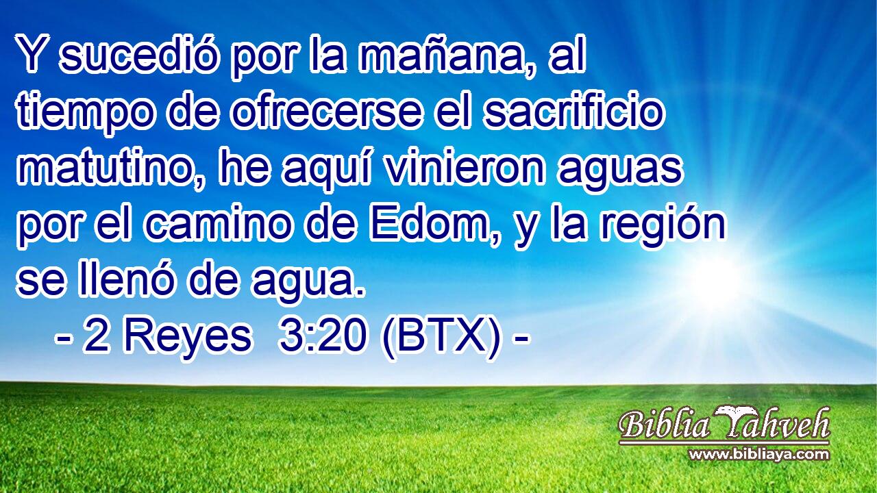 Y sucedió por la mañana, al tiempo de ofrecerse el sacrificio matutino, he aquí vinieron aguas por el camino de Edom, y la región se llenó de agua.