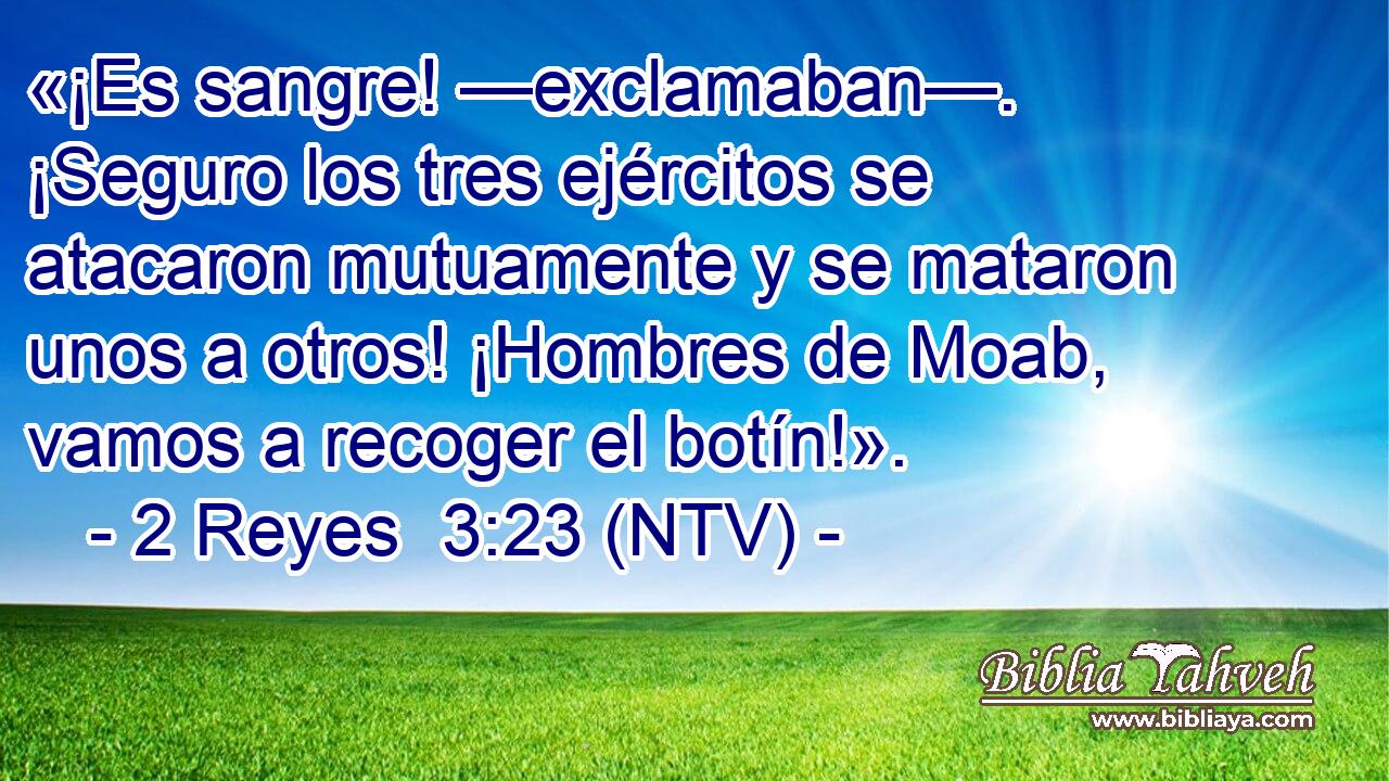 «¡Es sangre! —exclamaban—. ¡Seguro los tres ejércitos se atacaron mutuamente y se mataron unos a otros! ¡Hombres de Moab, vamos a recoger el botín!».