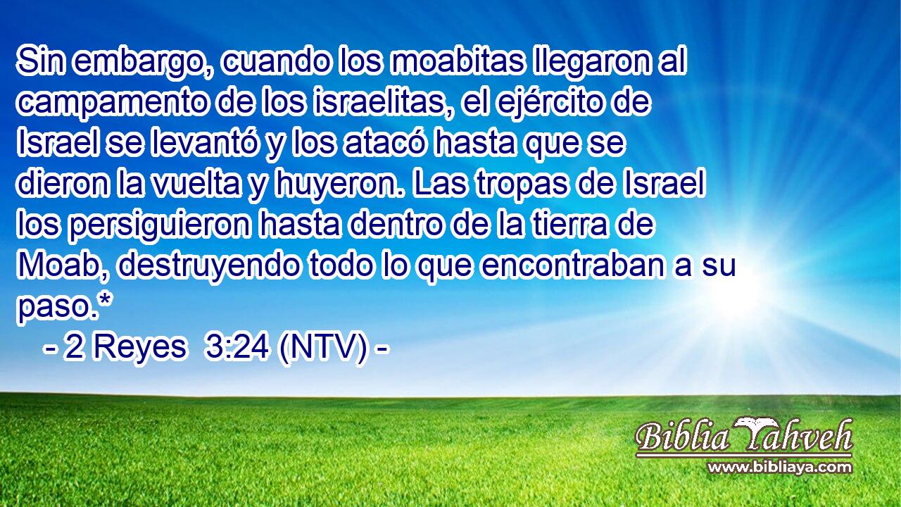 Sin embargo, cuando los moabitas llegaron al campamento de los israelitas, el ejército de Israel se levantó y los atacó hasta que se dieron la vuelta y huyeron. Las tropas de Israel los persiguieron hasta dentro de la tierra de Moab, destruyendo todo lo que encontraban a su paso.*