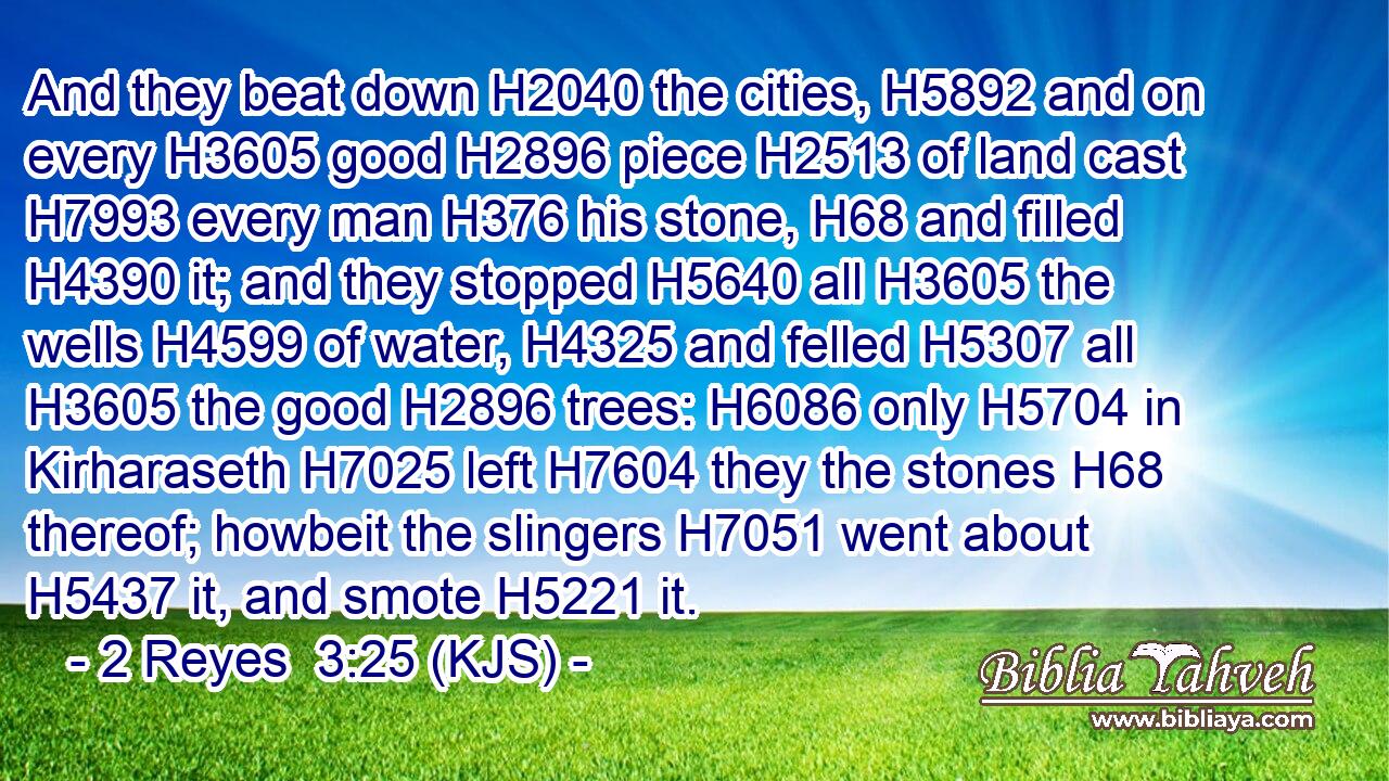And they beat down H2040 the cities, H5892 and on every H3605 good H2896 piece H2513 of land cast H7993 every man H376 his stone, H68 and filled H4390 it; and they stopped H5640 all H3605 the wells H4599 of water, H4325 and felled H5307 all H3605 the good H2896 trees: H6086 only H5704 in Kirharaseth H7025 left H7604 they the stones H68 thereof; howbeit the slingers H7051 went about H5437 it, and smote H5221 it.