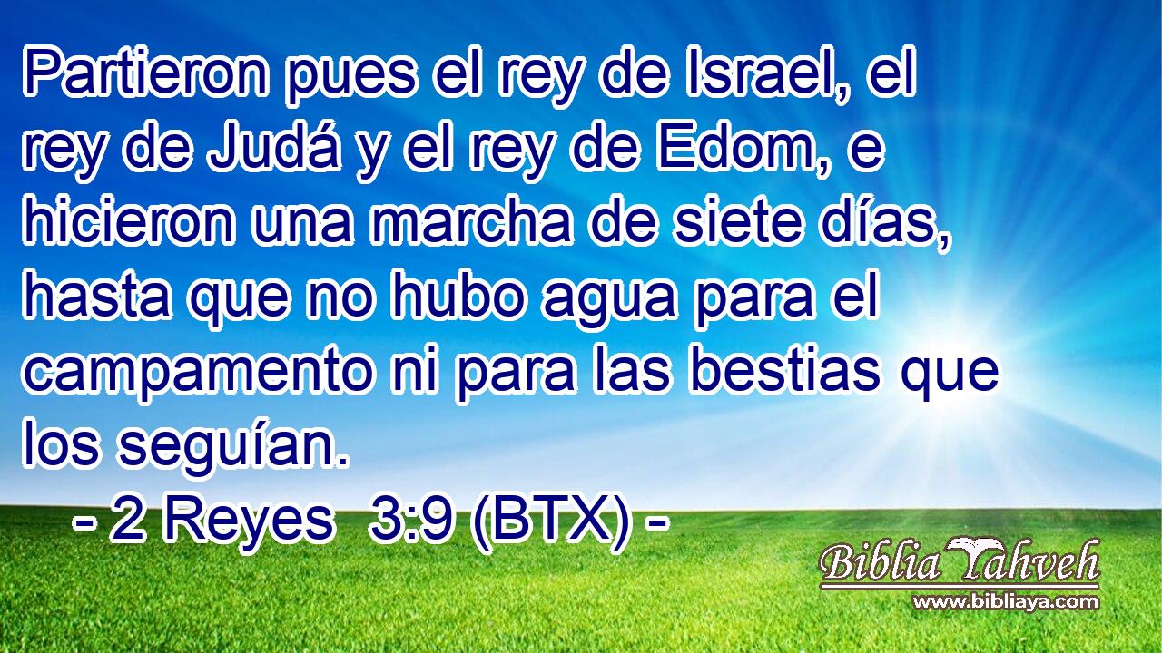Partieron pues el rey de Israel, el rey de Judá y el rey de Edom, e hicieron una marcha de siete días, hasta que no hubo agua para el campamento ni para las bestias que los seguían.