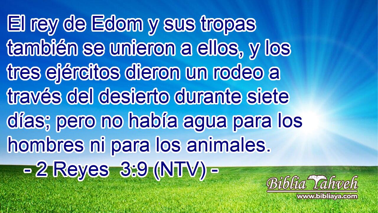 El rey de Edom y sus tropas también se unieron a ellos, y los tres ejércitos dieron un rodeo a través del desierto durante siete días; pero no había agua para los hombres ni para los animales.