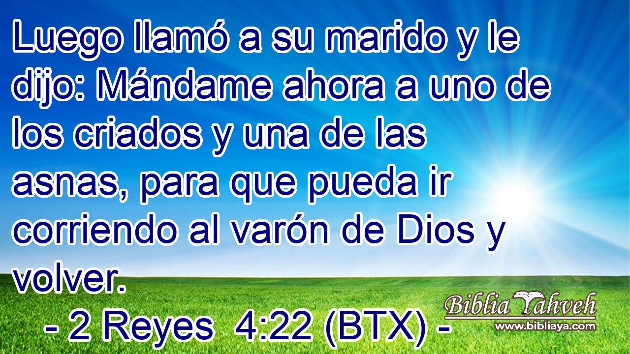 Luego llamó a su marido y le dijo: Mándame ahora a uno de los criados y una de las asnas, para que pueda ir corriendo al varón de Dios y volver.