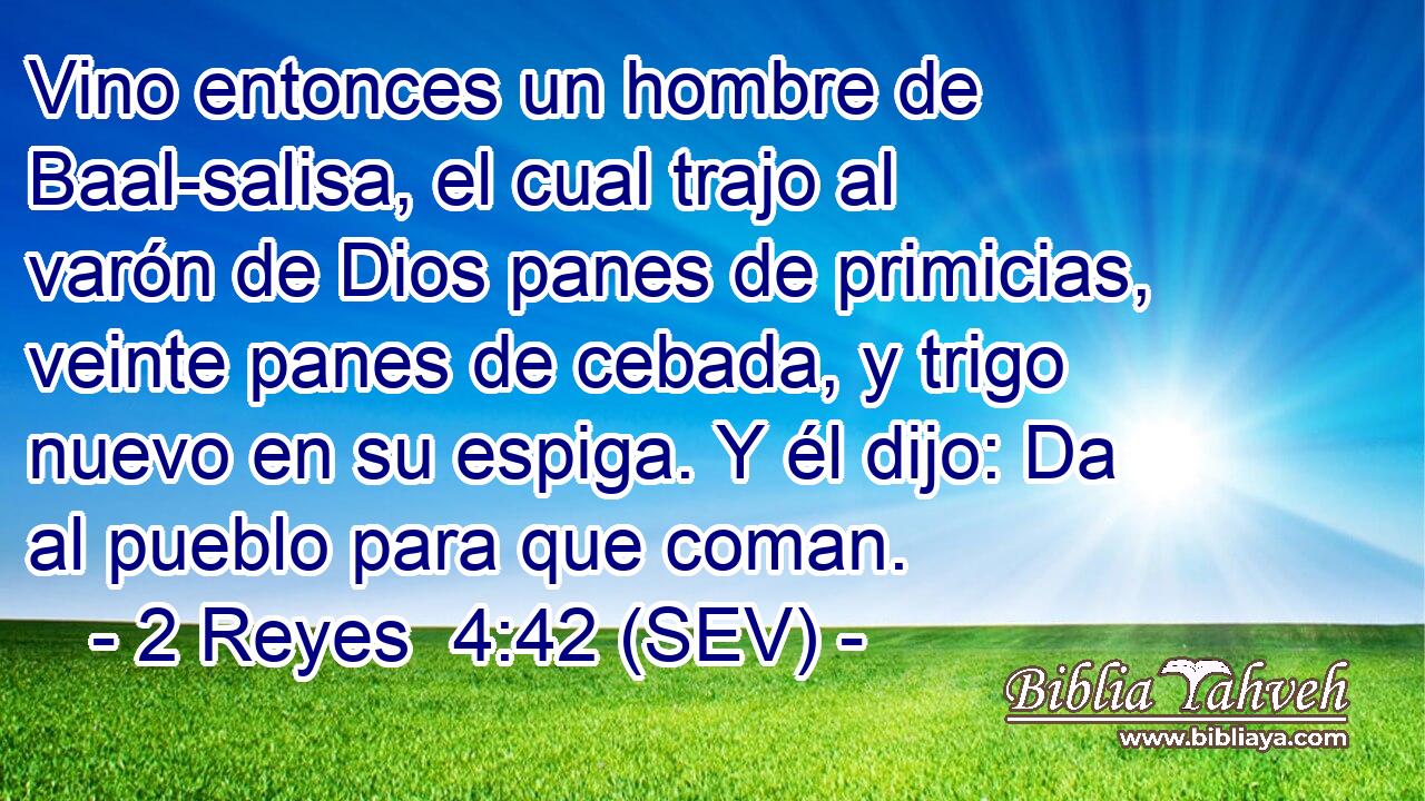 Vino entonces un hombre de Baal-salisa, el cual trajo al varón de Dios panes de primicias, veinte panes de cebada, y trigo nuevo en su espiga. Y él dijo: Da al pueblo para que coman.