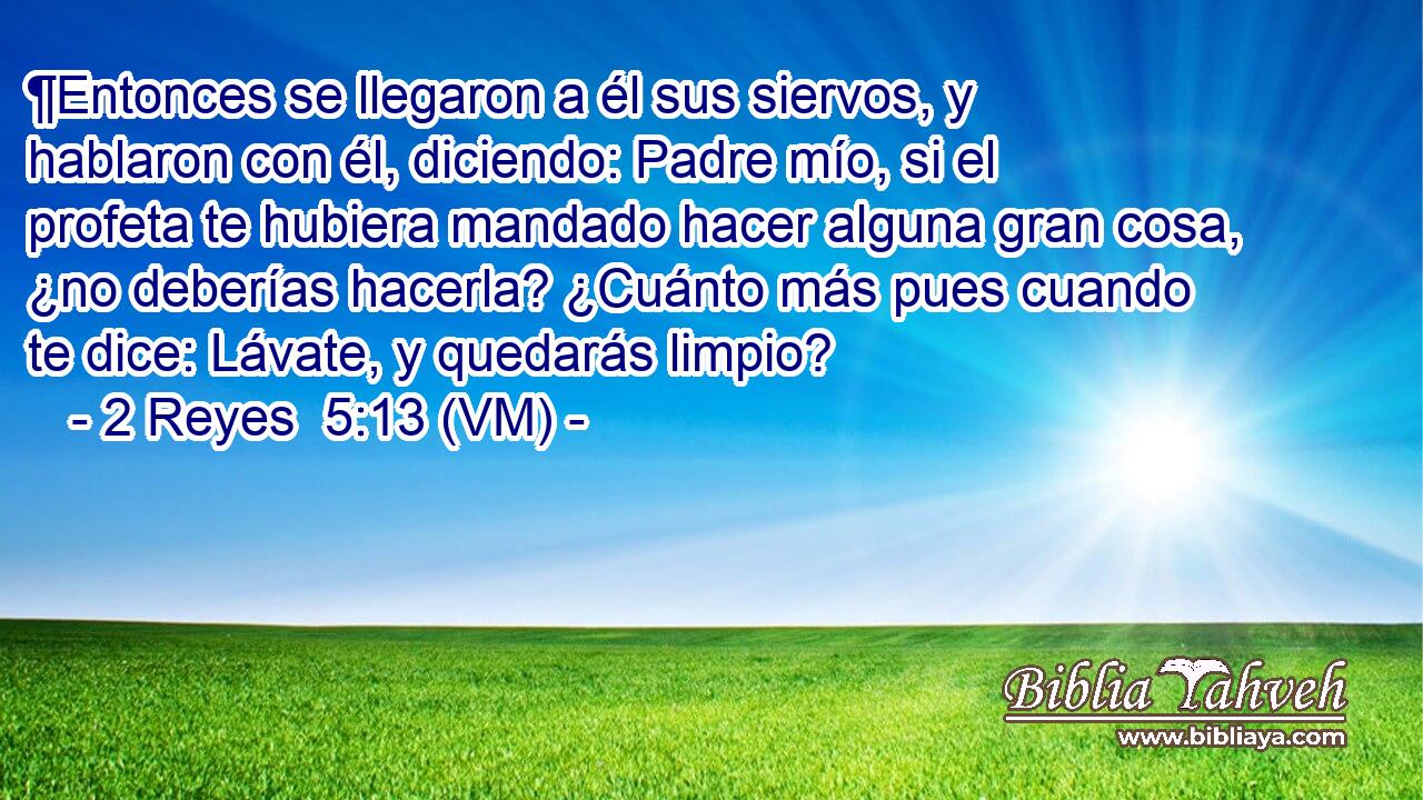  ¶Entonces se llegaron a él sus siervos, y hablaron con él, diciendo: Padre mío, si el profeta te hubiera mandado hacer alguna gran cosa, ¿no deberías hacerla? ¿Cuánto más pues cuando te dice: Lávate, y quedarás limpio? 