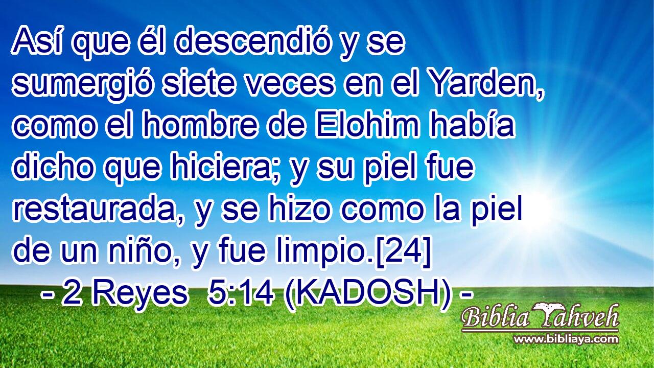 Así que él descendió y se sumergió siete veces en el Yarden, como el hombre de Elohim había dicho que hiciera; y su piel fue restaurada, y se hizo como la piel de un niño, y fue limpio.[24] 