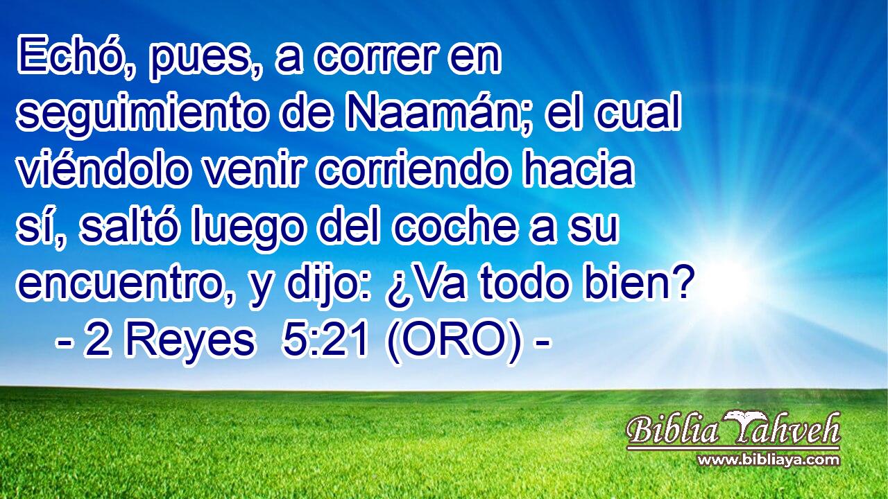  Echó, pues, a correr en seguimiento de Naamán; el cual viéndolo venir corriendo hacia sí, saltó luego del coche a su encuentro, y dijo: ¿Va todo bien? 