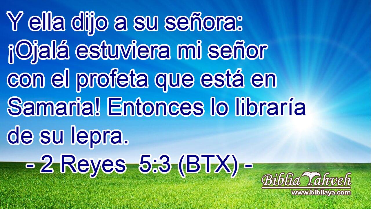 Y ella dijo a su señora: ¡Ojalá estuviera mi señor con el profeta que está en Samaria! Entonces lo libraría de su lepra.