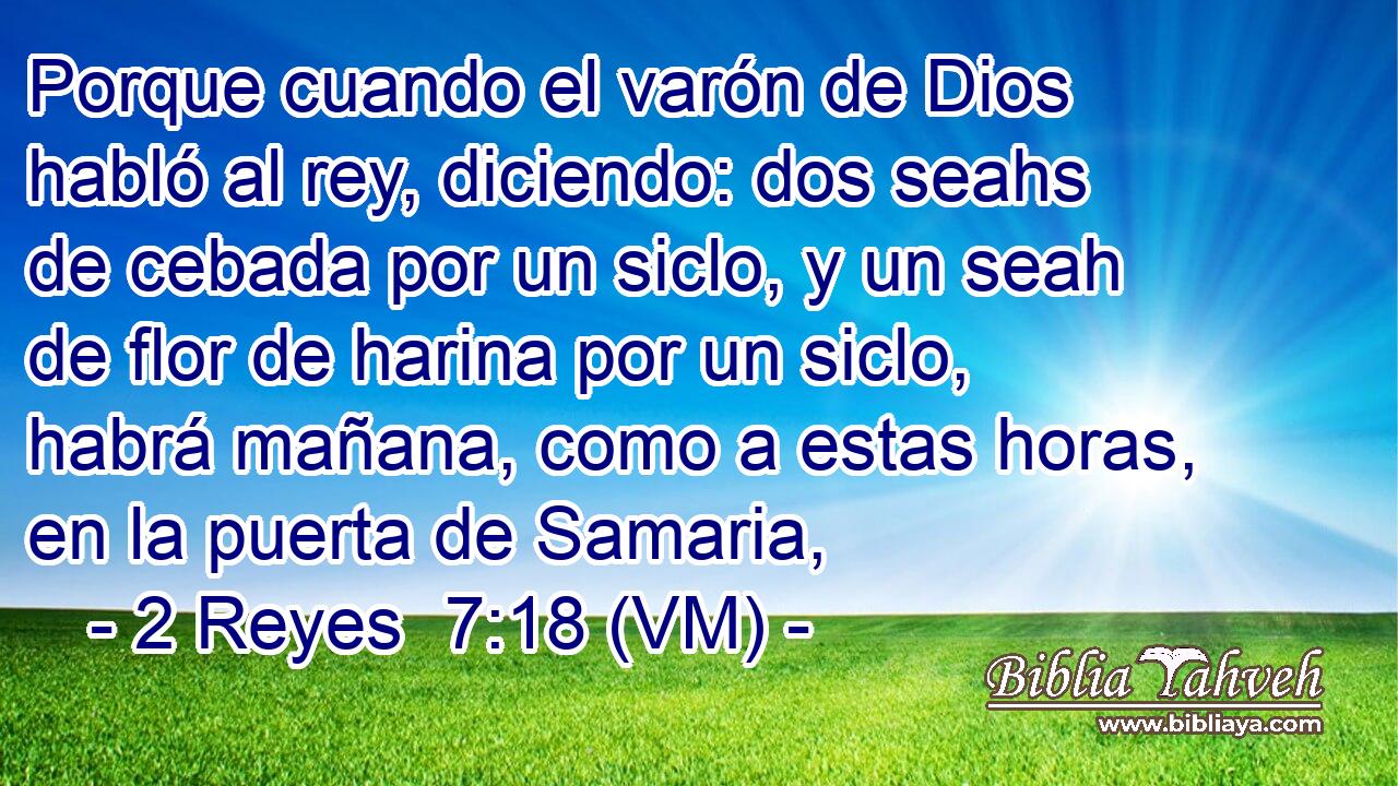  Porque cuando el varón de Dios habló al rey, diciendo: dos seahs de cebada por un siclo, y un seah de flor de harina por un siclo, habrá mañana, como a estas horas, en la puerta de Samaria, 