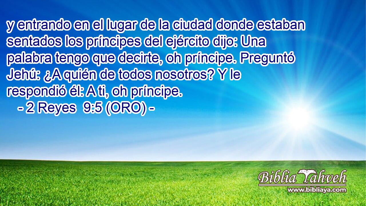  y entrando en el lugar de la ciudad donde estaban sentados los príncipes del ejército dijo: Una palabra tengo que decirte, oh príncipe. Preguntó Jehú: ¿A quién de todos nosotros? Y le respondió él: A ti, oh príncipe. 
