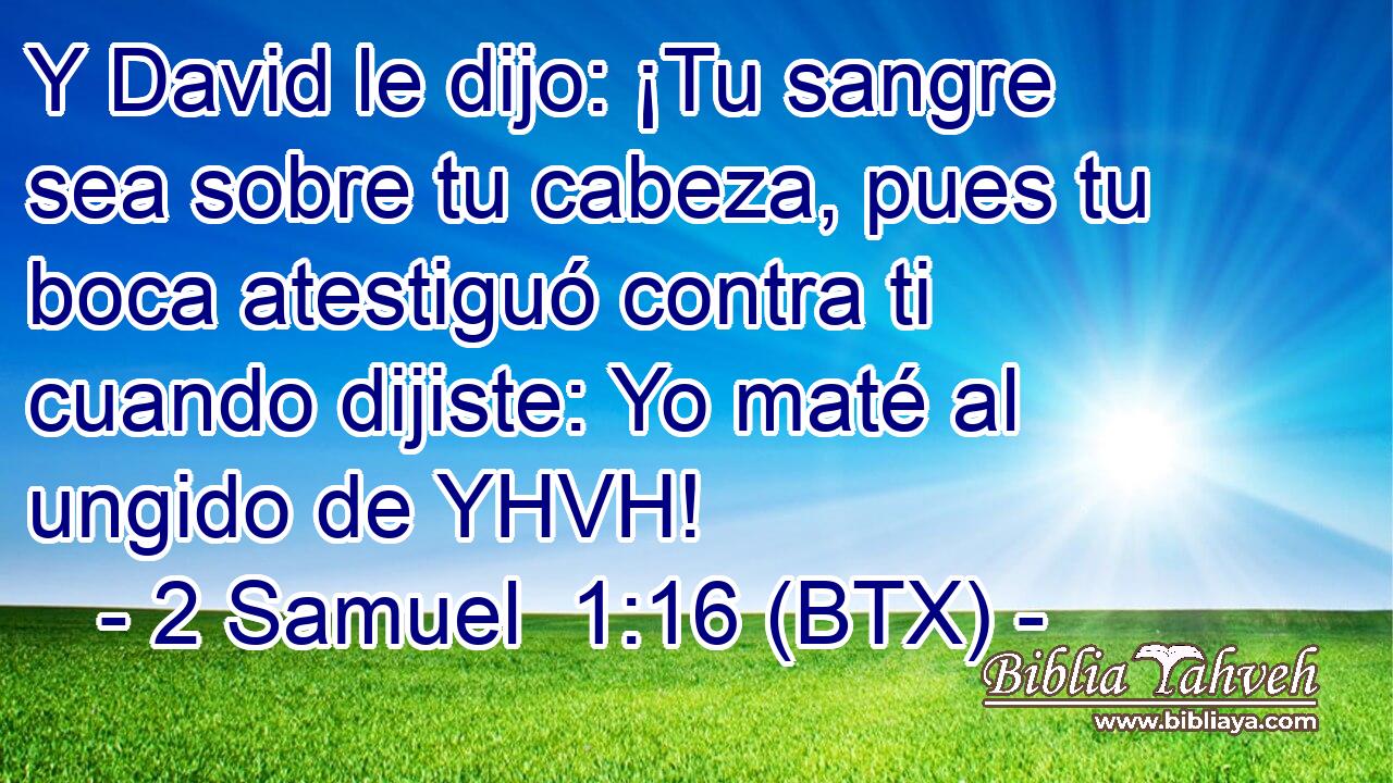 Y David le dijo: ¡Tu sangre sea sobre tu cabeza, pues tu boca atestiguó contra ti cuando dijiste: Yo maté al ungido de YHVH!
