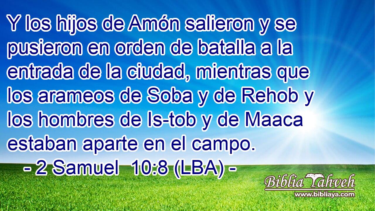 Y los hijos de Amón salieron y se pusieron en orden de batalla a la entrada de la ciudad, mientras que los arameos de Soba y de Rehob y los hombres de Is-tob y de Maaca estaban aparte en el campo.