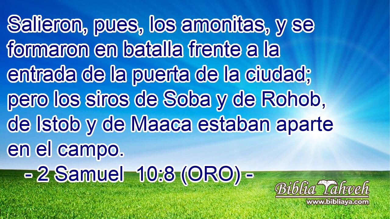  Salieron, pues, los amonitas, y se formaron en batalla frente a la entrada de la puerta de la ciudad; pero los siros de Soba y de Rohob, de Istob y de Maaca estaban aparte en el campo. 