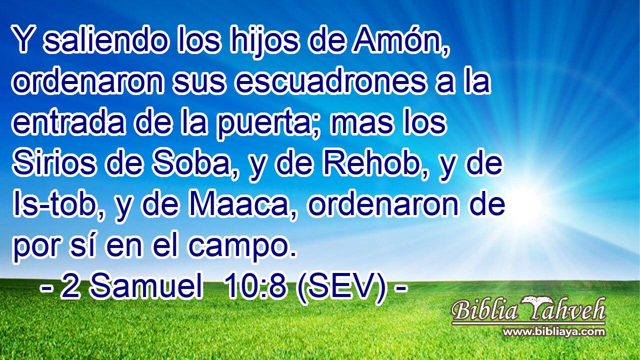 Y saliendo los hijos de Amón, ordenaron sus escuadrones a la entrada de la puerta; mas los Sirios de Soba, y de Rehob, y de Is-tob, y de Maaca, ordenaron de por sí en el campo.