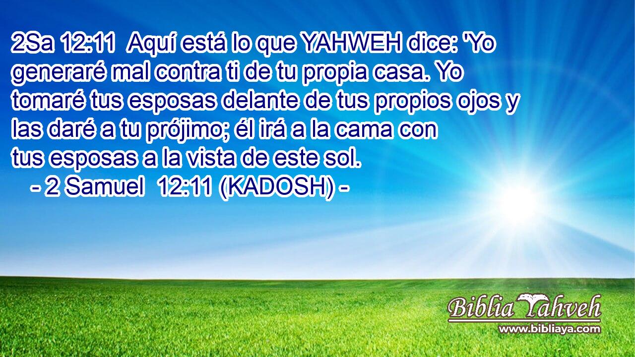  Aquí está lo que YAHWEH dice: 'Yo generaré mal contra ti de tu propia casa. Yo tomaré tus esposas delante de tus propios ojos y las daré a tu prójimo; él irá a la cama con tus esposas a la vista de este sol. 