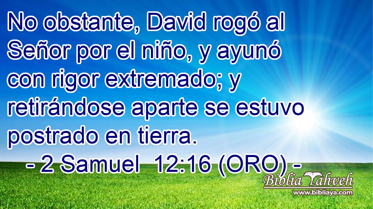 No obstante, David rogó al Señor por el niño, y ayunó con rigor extremado; y retirándose aparte se estuvo postrado en tierra. 