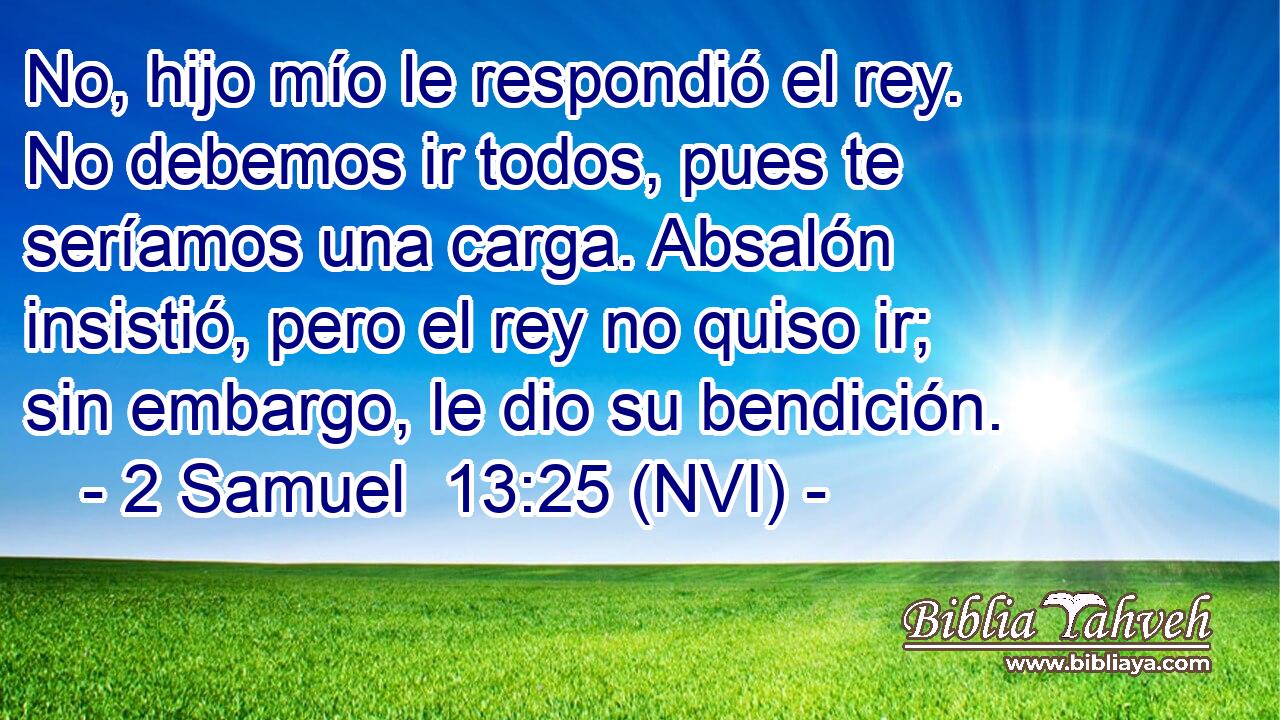 No, hijo mío le respondió el rey. No debemos ir todos, pues te seríamos una carga. Absalón insistió, pero el rey no quiso ir; sin embargo, le dio su bendición. 