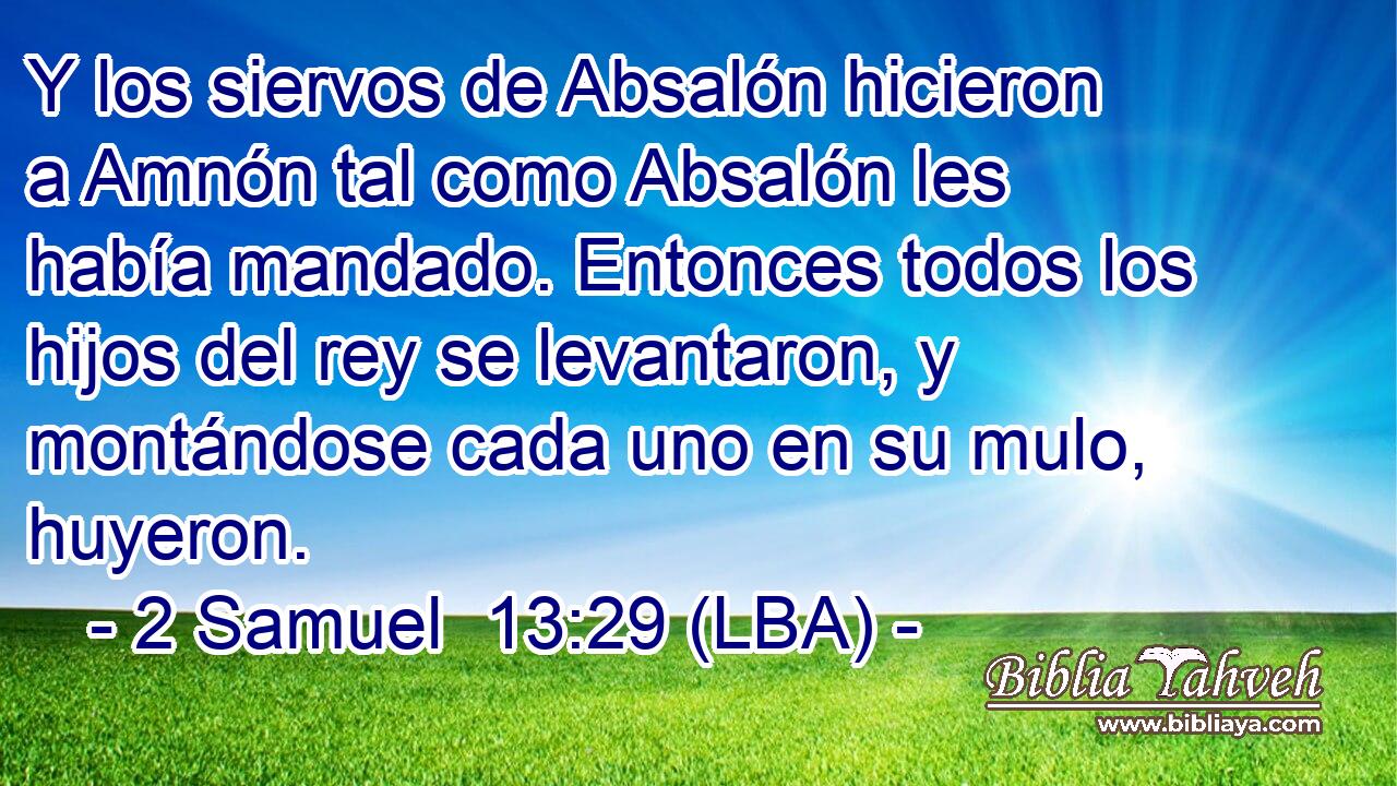 Y los siervos de Absalón hicieron a Amnón tal como Absalón les había mandado. Entonces todos los hijos del rey se levantaron, y montándose cada uno en su mulo, huyeron.