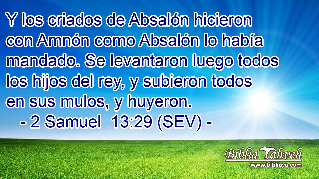 Y los criados de Absalón hicieron con Amnón como Absalón lo había mandado. Se levantaron luego todos los hijos del rey, y subieron todos en sus mulos, y huyeron.
