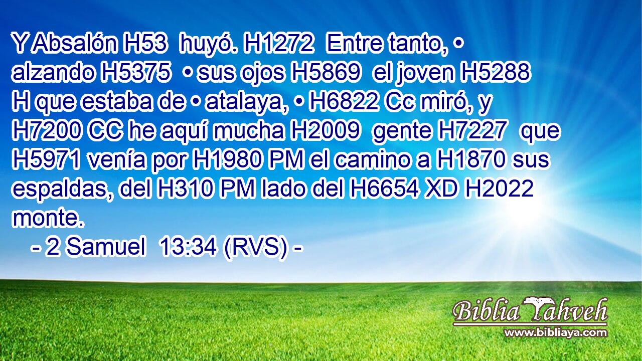 Y Absalón H53  huyó. H1272  Entre tanto, • alzando H5375  • sus ojos H5869  el joven H5288 H que estaba de • atalaya, • H6822 Cc miró, y H7200 CC he aquí mucha H2009  gente H7227  que H5971 venía por H1980 PM el camino a H1870 sus espaldas, del H310 PM lado del H6654 XD H2022 monte. 