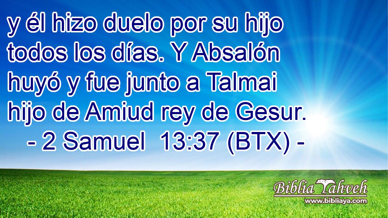 y él hizo duelo por su hijo todos los días. Y Absalón huyó y fue junto a Talmai hijo de Amiud rey de Gesur.