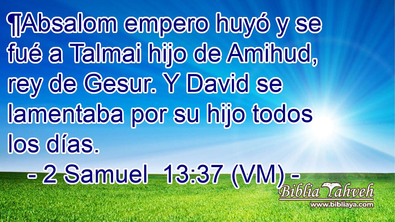  ¶Absalom empero huyó y se fué a Talmai hijo de Amihud, rey de Gesur. Y David se lamentaba por su hijo todos los días. 