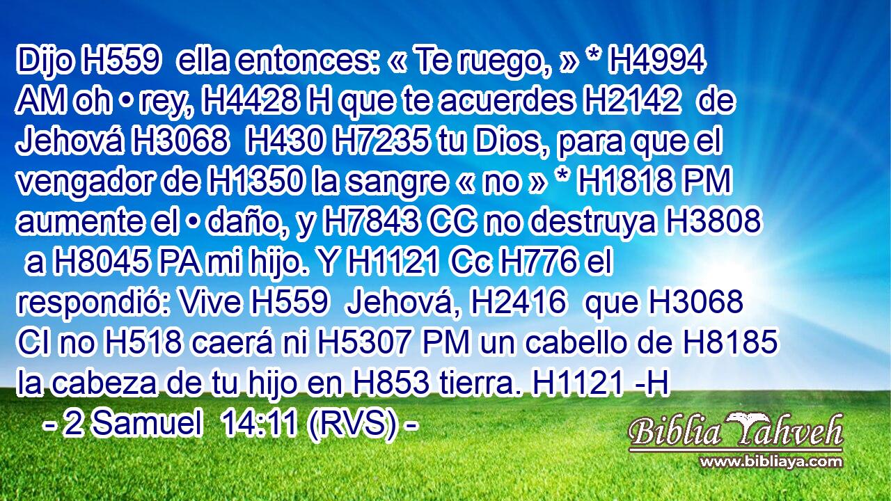 Dijo H559  ella entonces: « Te ruego, » * H4994 AM oh • rey, H4428 H que te acuerdes H2142  de Jehová H3068  H430 H7235 tu Dios, para que el vengador de H1350 la sangre « no » * H1818 PM aumente el • daño, y H7843 CC no destruya H3808  a H8045 PA mi hijo. Y H1121 Cc H776 el respondió: Vive H559  Jehová, H2416  que H3068 CI no H518 caerá ni H5307 PM un cabello de H8185 la cabeza de tu hijo en H853 tierra. H1121 -H 