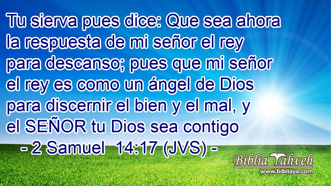 Tu sierva pues dice: Que sea ahora la respuesta de mi señor el rey para descanso; pues que mi señor el rey es como un ángel de Dios para discernir el bien y el mal, y el SEÑOR tu Dios sea contigo