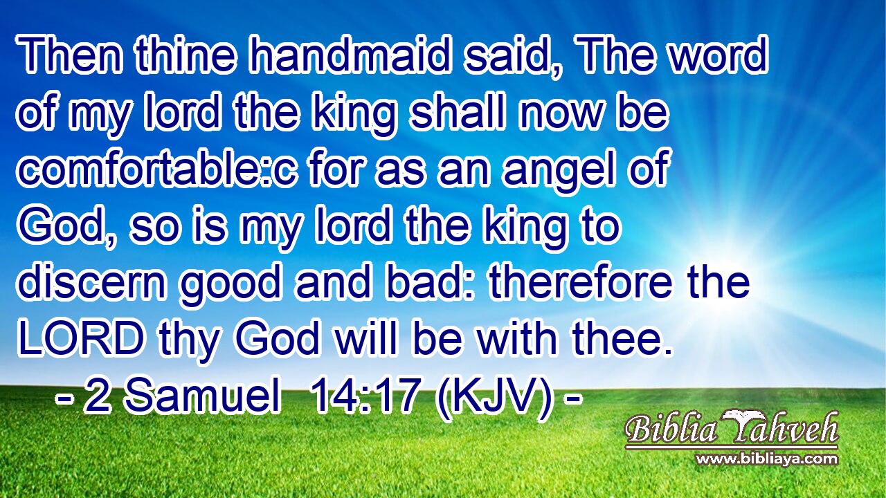 Then thine handmaid said, The word of my lord the king shall now be comfortable:c for as an angel of God, so is my lord the king to discern good and bad: therefore the LORD thy God will be with thee.