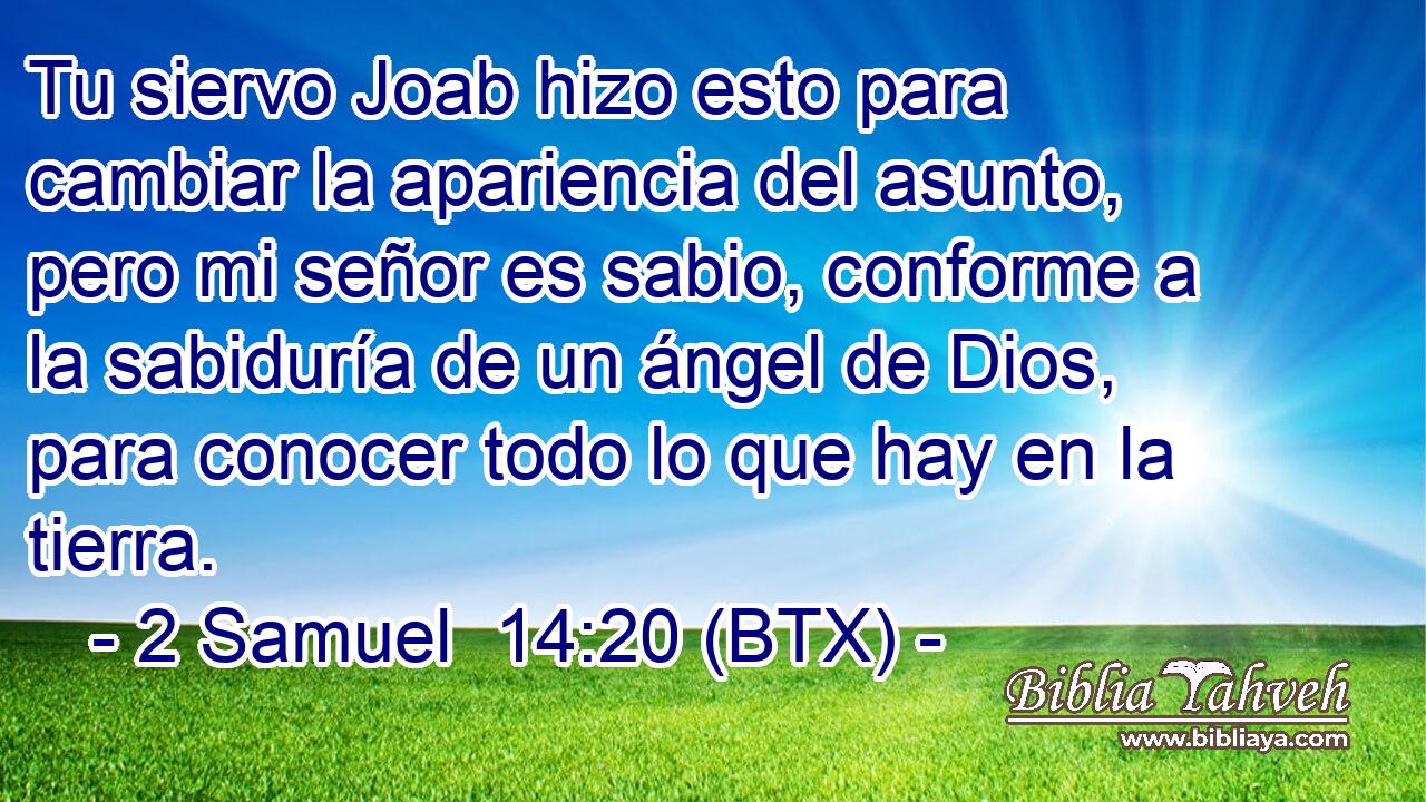 Tu siervo Joab hizo esto para cambiar la apariencia del asunto, pero mi señor es sabio, conforme a la sabiduría de un ángel de Dios, para conocer todo lo que hay en la tierra.