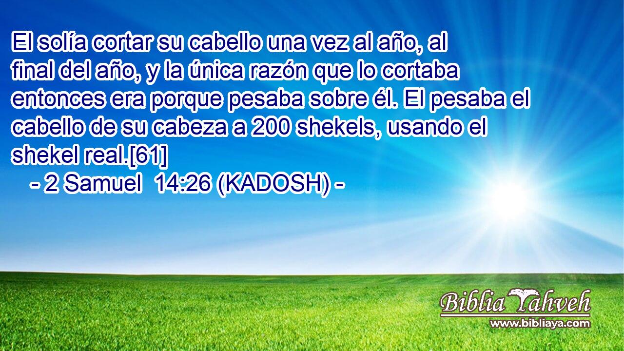 El solía cortar su cabello una vez al año, al final del año, y la única razón que lo cortaba entonces era porque pesaba sobre él. El pesaba el cabello de su cabeza a 200 shekels, usando el shekel real.[61] 