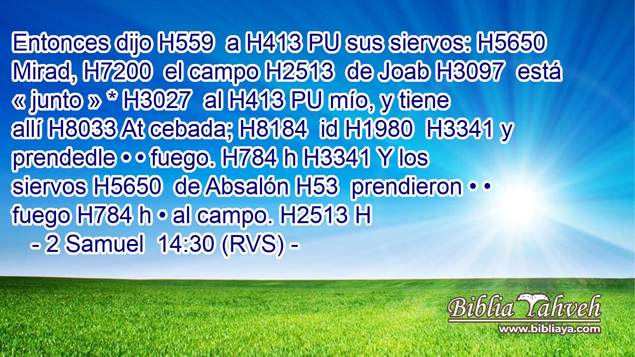 Entonces dijo H559  a H413 PU sus siervos: H5650  Mirad, H7200  el campo H2513  de Joab H3097  está « junto » * H3027  al H413 PU mío, y tiene allí H8033 At cebada; H8184  id H1980  H3341 y prendedle • • fuego. H784 h H3341 Y los siervos H5650  de Absalón H53  prendieron • • fuego H784 h • al campo. H2513 H 