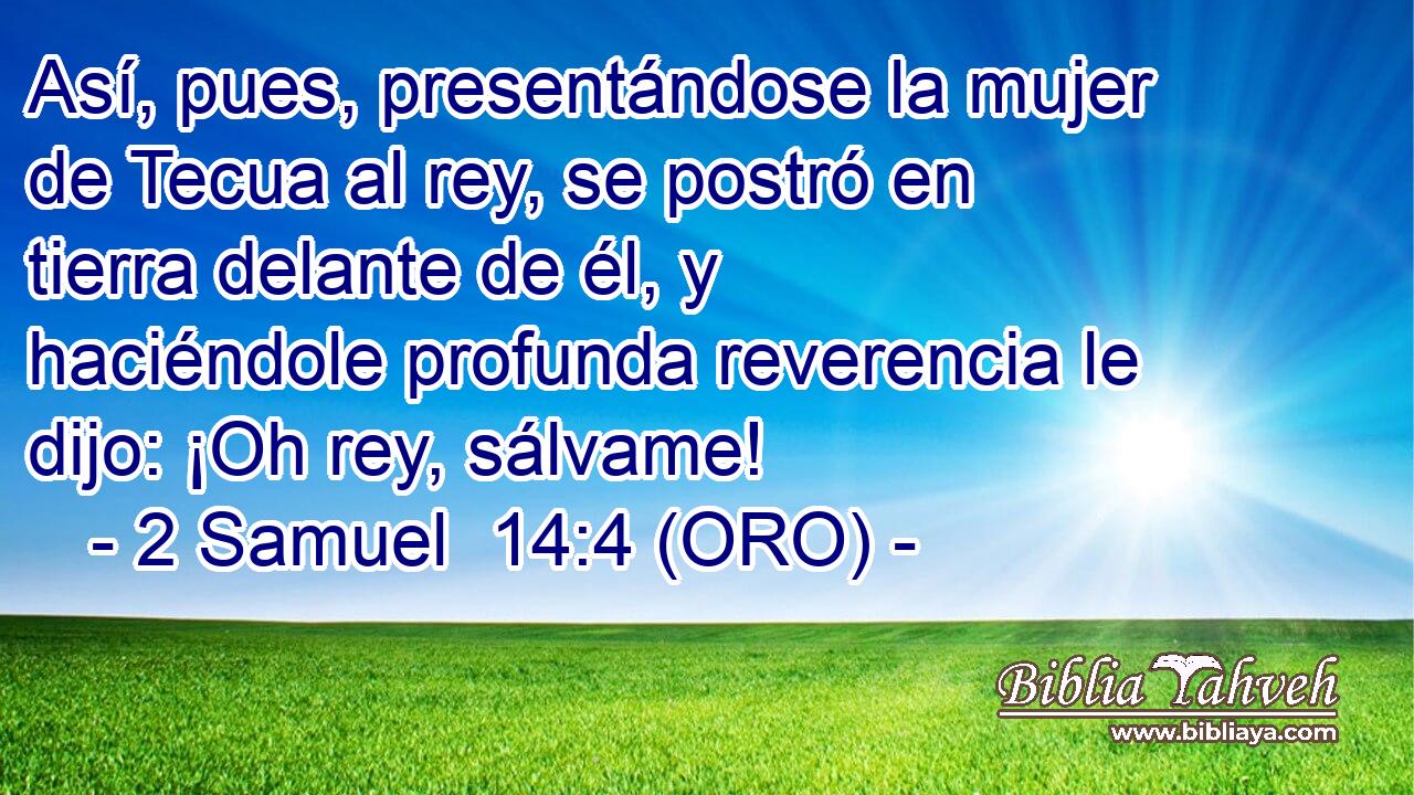  Así, pues, presentándose la mujer de Tecua al rey, se postró en tierra delante de él, y haciéndole profunda reverencia le dijo: ¡Oh rey, sálvame! 
