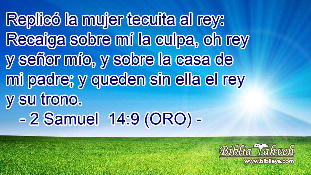  Replicó la mujer tecuita al rey: Recaiga sobre mí la culpa, oh rey y señor mío, y sobre la casa de mi padre; y queden sin ella el rey y su trono. 