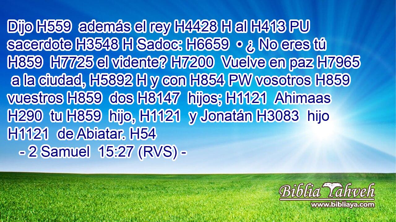 Dijo H559  además el rey H4428 H al H413 PU sacerdote H3548 H Sadoc: H6659  • ¿ No eres tú H859  H7725 el vidente? H7200  Vuelve en paz H7965  a la ciudad, H5892 H y con H854 PW vosotros H859  vuestros H859  dos H8147  hijos; H1121  Ahimaas H290  tu H859  hijo, H1121  y Jonatán H3083  hijo H1121  de Abiatar. H54  