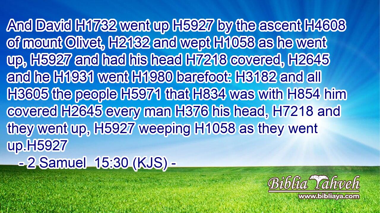 And David H1732 went up H5927 by the ascent H4608 of mount Olivet, H2132 and wept H1058 as he went up, H5927 and had his head H7218 covered, H2645 and he H1931 went H1980 barefoot: H3182 and all H3605 the people H5971 that H834 was with H854 him covered H2645 every man H376 his head, H7218 and they went up, H5927 weeping H1058 as they went up.H5927