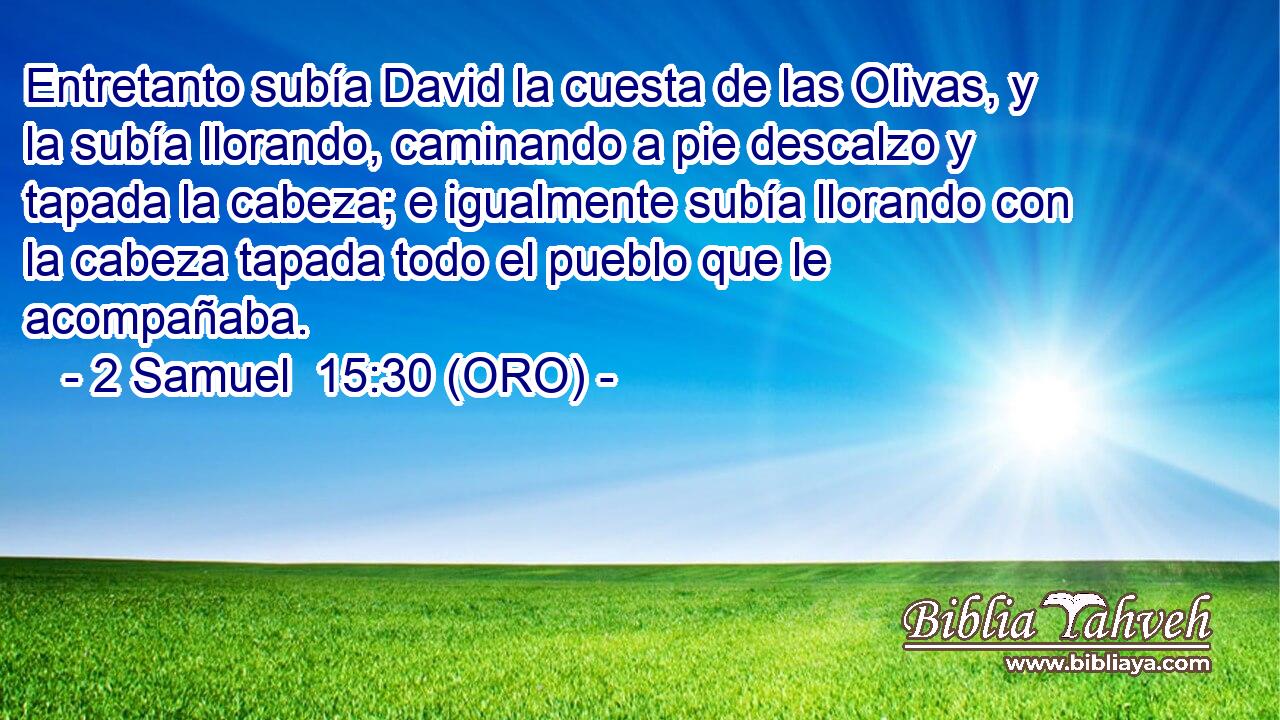  Entretanto subía David la cuesta de las Olivas, y la subía llorando, caminando a pie descalzo y tapada la cabeza; e igualmente subía llorando con la cabeza tapada todo el pueblo que le acompañaba. 