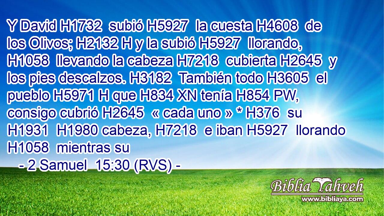Y David H1732  subió H5927  la cuesta H4608  de los Olivos; H2132 H y la subió H5927  llorando, H1058  llevando la cabeza H7218  cubierta H2645  y los pies descalzos. H3182  También todo H3605  el pueblo H5971 H que H834 XN tenía H854 PW,  consigo cubrió H2645  « cada uno » * H376  su H1931  H1980 cabeza, H7218  e iban H5927  llorando H1058  mientras su