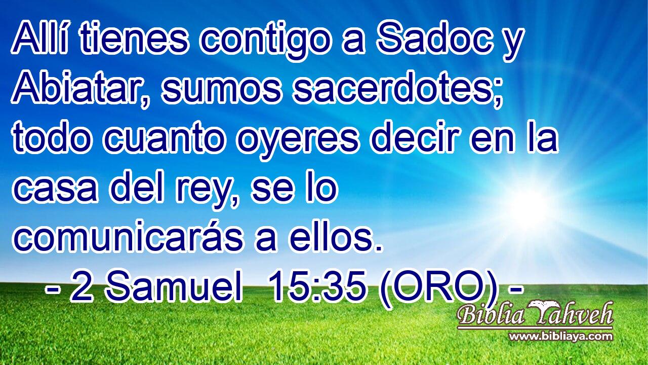  Allí tienes contigo a Sadoc y Abiatar, sumos sacerdotes; todo cuanto oyeres decir en la casa del rey, se lo comunicarás a ellos. 