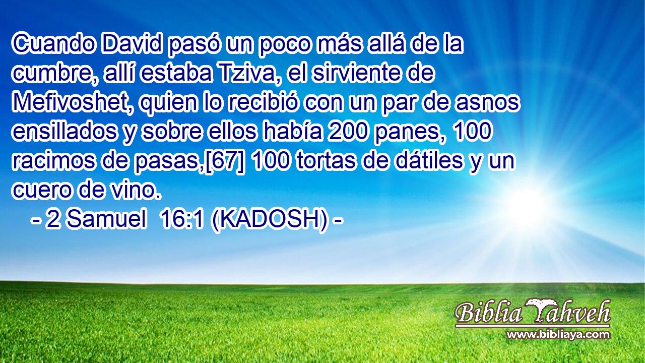  Cuando David pasó un poco más allá de la cumbre, allí estaba Tziva, el sirviente de Mefivoshet, quien lo recibió con un par de asnos ensillados y sobre ellos había 200 panes, 100 racimos de pasas,[67] 100 tortas de dátiles y un cuero de vino. 